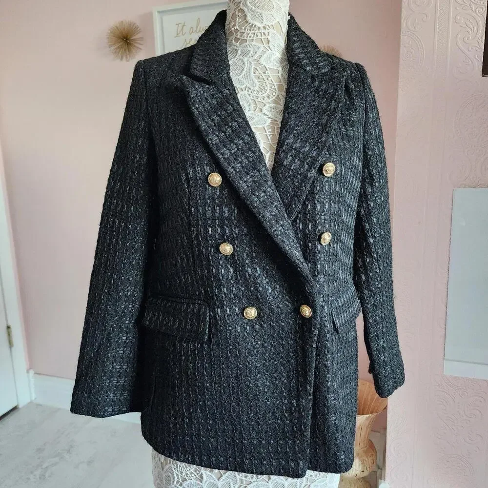 NWT Rachel Zoe heavy double breasted black blazer sparkle L